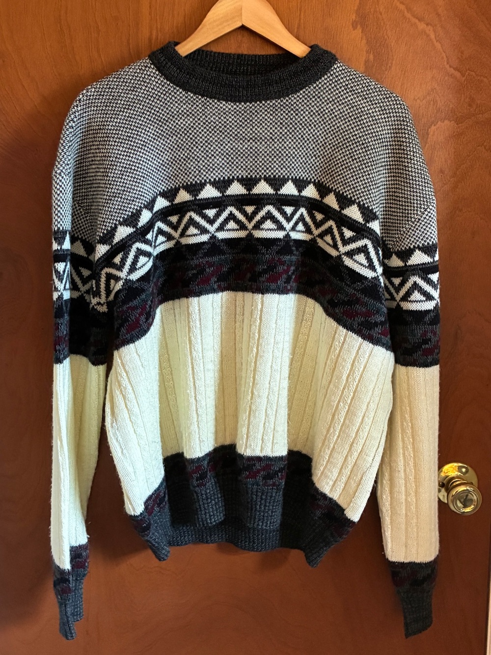 Cream and Gray Geometric Cable Knit Sweater